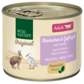 Dosen-Haustierfutter mit der Aufschrift "Real Nature Original", das Kaninchen und Geflügel mit Leinsamen enthält, geeignet für erwachsene Haustiere.