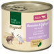 Dosen-Haustierfutter mit der Aufschrift "Real Nature Original", das Kaninchen und Geflügel mit Leinsamen enthält, geeignet für erwachsene Haustiere.