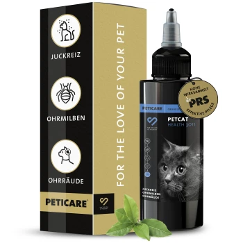 Schwarze Flasche von Petcare Petcat Health 3011 für Ohrpflege, mit einer Nahaufnahme eines Katzenkopfes und einem Blatt, mit einem goldenen Effektivitätsabzeichen.