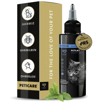 Schwarze Flasche von Petcare Petcat Health 3011 für Ohrpflege, mit einer Nahaufnahme eines Katzenkopfes und einem Blatt, mit einem goldenen Effektivitätsabzeichen.