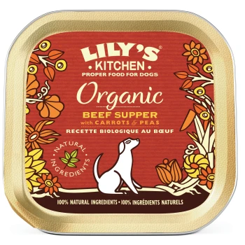 Lily's Kitchen Organic Beef Supper for dogs, featuring a white dog illustration, with carrots and peas, and floral designs.