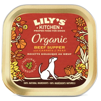 Lily's Kitchen Bio-Rindfleischsuppe für Hunde, mit einer weißen Hundillustration, Karotten und Erbsen sowie floralen Designs.