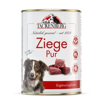 Tackenberg Ziege Pur Hundefutterdose mit Bild von rohen Fleischstücken und einem glücklichen Hund, gekennzeichnet als Ergänzungsfutter.