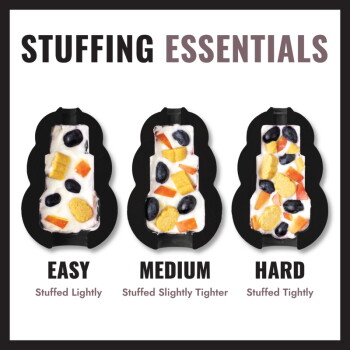 STUFFING ESSENTIALS header above three black pet toys filled with white filling and treats labeled EASY, MEDIUM, HARD.