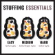 STUFFING ESSENTIALS header above three black pet toys filled with white filling and treats labeled EASY, MEDIUM, HARD.