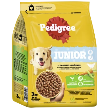 Eine Tüte Pedigree Junior Hundefutter, 3 kg, mit einer Schüssel Trockenfutter und Text, der natürliche Zutaten, Präbiotika und Superfoods hervorhebt.