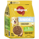 Eine Tüte Pedigree Junior Hundefutter, 3 kg, mit einer Schüssel Trockenfutter und Text, der natürliche Zutaten, Präbiotika und Superfoods hervorhebt.
