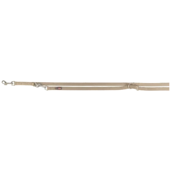 Beige Hundeleine mit einem Metallclip und einem Schlaufenhandgriff, mit einem kleinen roten Etikett mit dem Markennamen.