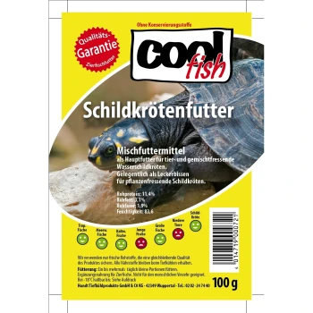 Schildkrötenfutterverpackung mit der Aufschrift "cool fish Schildkrötenfutter" und einem Bild einer Schildkröte. Nährwertinformationen: Protein 11,4%, Fett 3,1%, Ballaststoffe 1,9%.