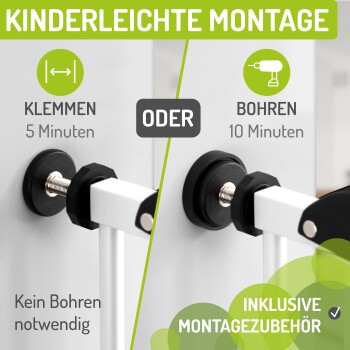 Vergleich der Installation von Haustierprodukten: "KLEMMEN" (5 min) vs. "BOHREN" (10 min). Höhepunkte: "Kein Bohren nötig" und "inklusive Zubehör."