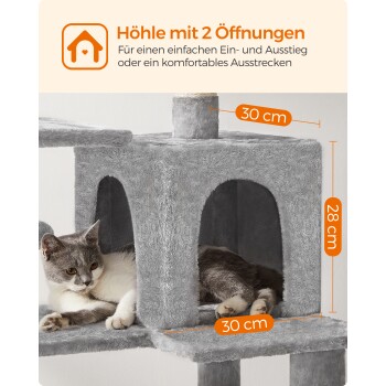 Eine graue Katze, die auf einem plüschigen Katzenbaum mit einer Höhle mit zwei Öffnungen liegt, Abmessungen beschriftet: 30 cm Breite, 28 cm Höhe.