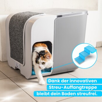 Eine dreifarbige Katze verlässt eine moderne Katzentoilette mit einem grauen Filzoberteil und blauen Stufen. Text: "Dank der innovativen Streu-Auffangtreppe bleibt dein Boden streufrei."