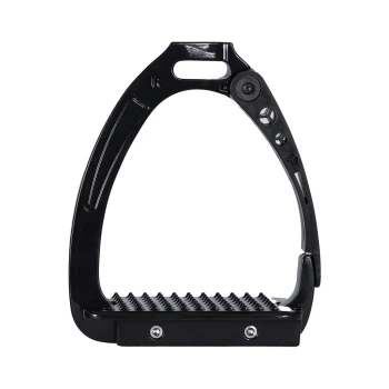 Schwarzer Pferde-Steigbügel mit strukturiertem Fußbett und schlankem Design, seitliche Ansicht.