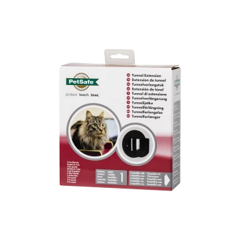 Verpackung der PetSafe Tunnelverlängerung mit einer flauschigen Katze, die in die Kamera schaut, mit mehrsprachigem Text über das Produkt.