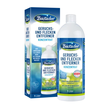 Concentré Bactador désodorisant et détachant bouteille 1 L avec boîte, étiquette indiquant « Éliminateur d'odeurs et de taches »