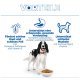 Schwarz-weißer Hund neben Trockenfutterschale unter einem 'VORTEILE'-Banner mit drei blauen Symbolen und deutschem Text über Haut, Verdauung und Muskeln