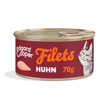 Edgard Cooper Katzenfutterdose, rotes Etikett mit Aufschriften 'Filets', 'HUHN' und '70 g', Illustration einer lächelnden Katze und Icon eines Hühnerstücks.