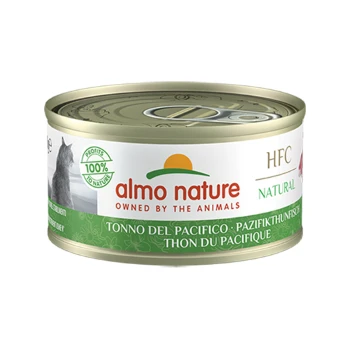 Almo Nature HFC Natur Katzenfutter in Dosen mit Pazifischem Thunfisch, mit einem grünen und weißen Design und 100% Gewinn für Tierschutz.
