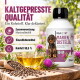 Etikett für REAVET Mariendistelöl, ein kaltgepresstes Öl für Hunde und Pferde, das Vorteile für den Stoffwechsel und die Leberfunktion hervorhebt.