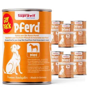 Dosenfutter für Hunde mit der Bezeichnung 'Pferd' von Supravit, mit einem orangefarbenen Design und einer Hundillustration, das natürliche Zutaten aus Pferdefleisch betont.