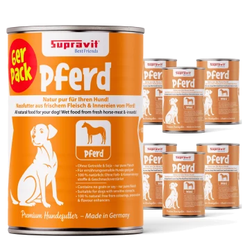 Dosenfutter für Hunde mit der Bezeichnung 'Pferd' von Supravit, mit einem orangefarbenen Design und einer Hundillustration, das natürliche Zutaten aus Pferdefleisch betont.