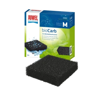 Black active charcoal sponge filter pads in packaging labeled "bioCarb" by Juwel, with text in multiple languages.