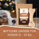 Eine Nahaufnahme des Gesichts eines Hundes neben einem Paket Wildfang Leatherbone Hundekauartikel, gekennzeichnet für mittelgroße Hunde von 15-25 kg, mit einer Größe von 17 cm.