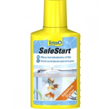 Yellow bottle of Tetra SafeStart Aquarium Starter with fish tank image and text "Allows fast introduction of fish."