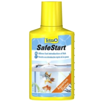 Yellow bottle of Tetra SafeStart Aquarium Starter with fish tank image and text "Allows fast introduction of fish."