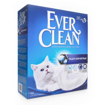 Boîte bleue de litière pour chat Ever Clean super premium agglomérante avec un chat blanc sur le devant, étiquetée 'MULTI-CRYSTALS' et '10L LOW DUST FORMULA.'
