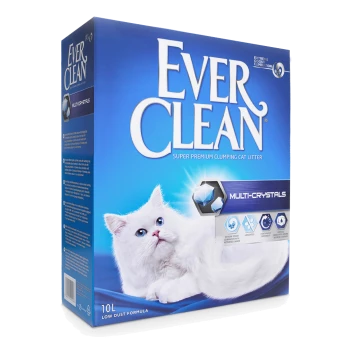 Blaue Box von Ever Clean super premium Klumpstreu mit einer weißen Katze auf der Vorderseite, beschriftet mit 'MULTI-CRYSTALS' und '10L LOW DUST FORMULA.'