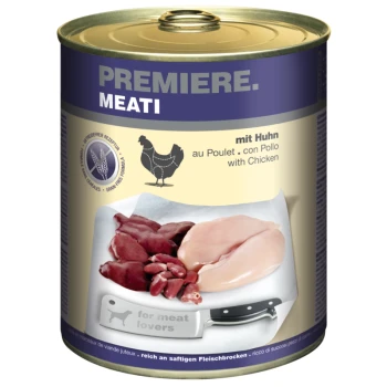 Can of pet food labeled "Premiere Meati" featuring chicken, liver, and other meats, with a knife and the text "for meat lovers."