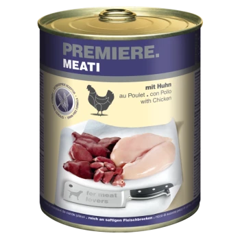 Boîte de nourriture pour animaux de compagnie étiquetée "Premiere Meati" contenant du poulet, du foie et d'autres viandes, avec un couteau et le texte "pour les amateurs de viande."
