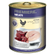 Dose mit Haustierfutter, die "Premiere Meati" beschriftet ist und Huhn, Leber und andere Fleischsorten enthält, mit einem Messer und dem Text "für Fleischliebhaber."