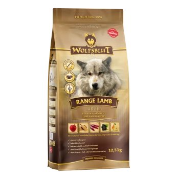 Premium-Hundefuttertüte mit der Aufschrift "WOLFSBLUT RANGE LAMM ERWACHSEN" mit dem Gesicht eines Wolfes, das Lamm, braunen Reis, hohen Fleischanteil und glutenfrei hervorhebt.
