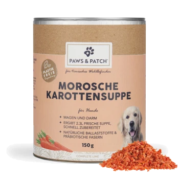 Dose von Paws & Patch 'MOROSCHE KAROTTENSUPPE', Karottensuppe für Hunde, 150 g, mit Hundefoto und einem Haufen getrockneter Karottenflocken.