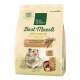 Packung von Real Nature Best Muesli für Hamster, mit einer niedlichen Hamsterillustration, mit Text, der die Zutaten und ernährungsphysiologischen Vorteile beschreibt.