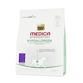 Medica Hypoallergénique Mini Cheval 2,5 kg Sac de nourriture pour chiens Select Gold Medica Veterinary Diet Hypoallergen, 2,5 kg, avec un design vert et blanc et une silhouette de chien.
