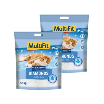 Two bags of MultiFit Diamonds cat litter, 6.4kg each, featuring a playful orange cat on the packaging and labeled as non-clumping.