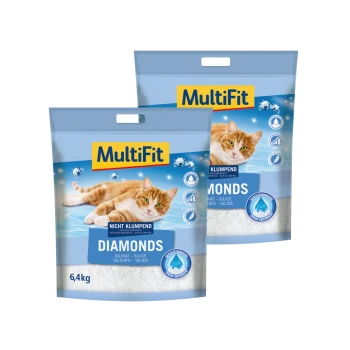 Deux sacs de litière pour chat MultiFit Diamonds, 6,4 kg chacun, avec un chat orange joueur sur l'emballage et étiquetés comme non agglomérants.