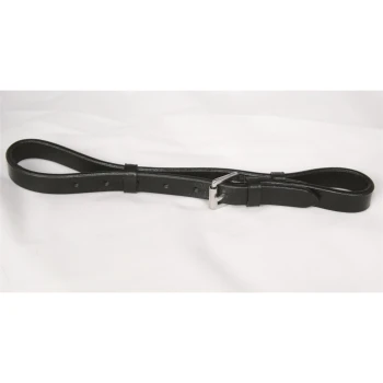 Schwarze Leder-Hundeleine mit einer silbernen Schnalle, flach auf einem weißen Hintergrund ausgelegt.