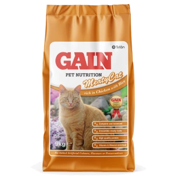 9kg MeatyCat food bag featuring a golden color and ginger cat. Highlights: "Chicken with Rice," "Complete," "High protein," "Enriched."