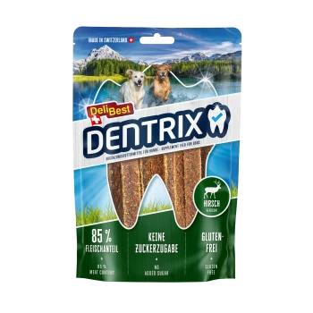 DeliBest DENTRIX Rentier-Zahnpflege-Kauknochen im Beutel, Sichtfenster in Zahnform, sichtbare Aufschriften: ‚85% Fleischanteil‘, ‚Gluten-frei‘.