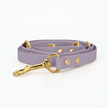 Biothane Hundeleine Gold Lavendel Eine lavendelfarbene Haustierleine mit goldenen Beschlägen und dekorativen Nieten, ordentlich auf einem weißen Hintergrund aufgerollt.