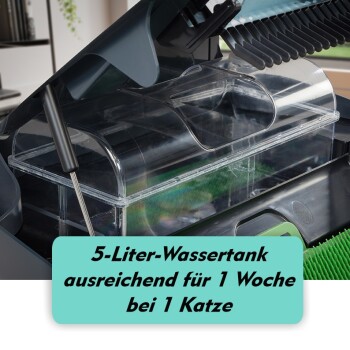 5-Liter-Wassertank geeignet für eine Katze für eine Woche, mit transparentem Design und einer grünen Reinigungsbürste.