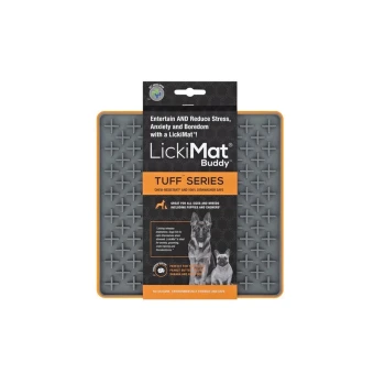 LickiMat Buddy Tuff Series pet feeding mat, chew-resistant, dishwasher safe, with text highlighting stress relief for dogs.