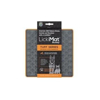 LickiMat Buddy Tuff Series pet feeding mat, chew-resistant, dishwasher safe, with text highlighting stress relief for dogs.