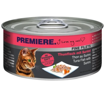 Katze Futterdose mit Thunfisch und Surimi, beschriftet mit "Premiere. I love my cat," mit einem Foto des Gerichts auf der Vorderseite.