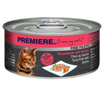 Cat food can featuring tuna with surimi, labeled "Premiere. I love my cat," with a photo of the dish on the front.