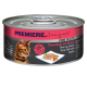 Boîte de nourriture pour chats avec du thon et du surimi, étiquetée "Premiere. J'aime mon chat," avec une photo du plat à l'avant.